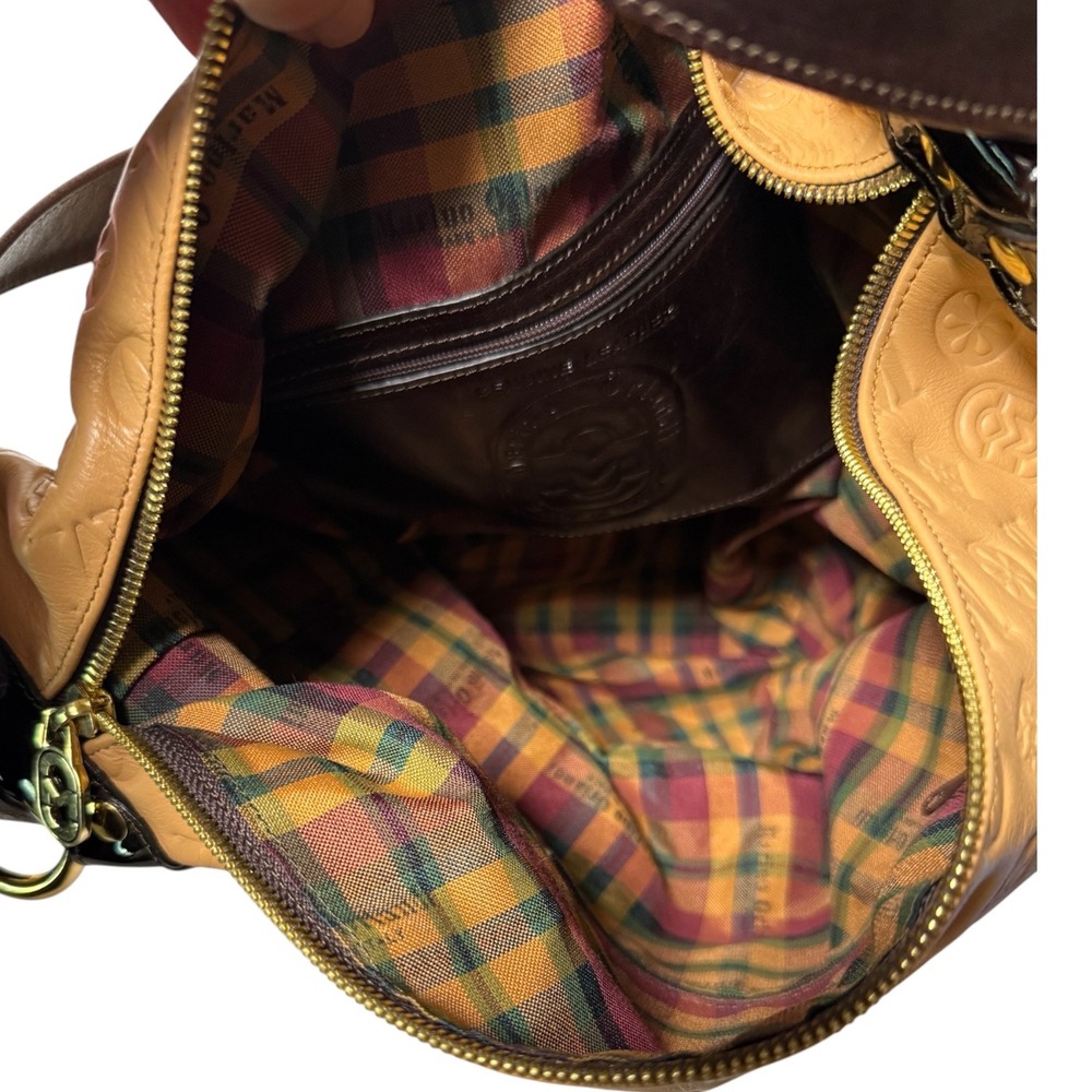 MARINO ORLANDI Vintage Italian Leather Bucket Bag Tan Embossed Monogram Y2K - Picture 11 of 16